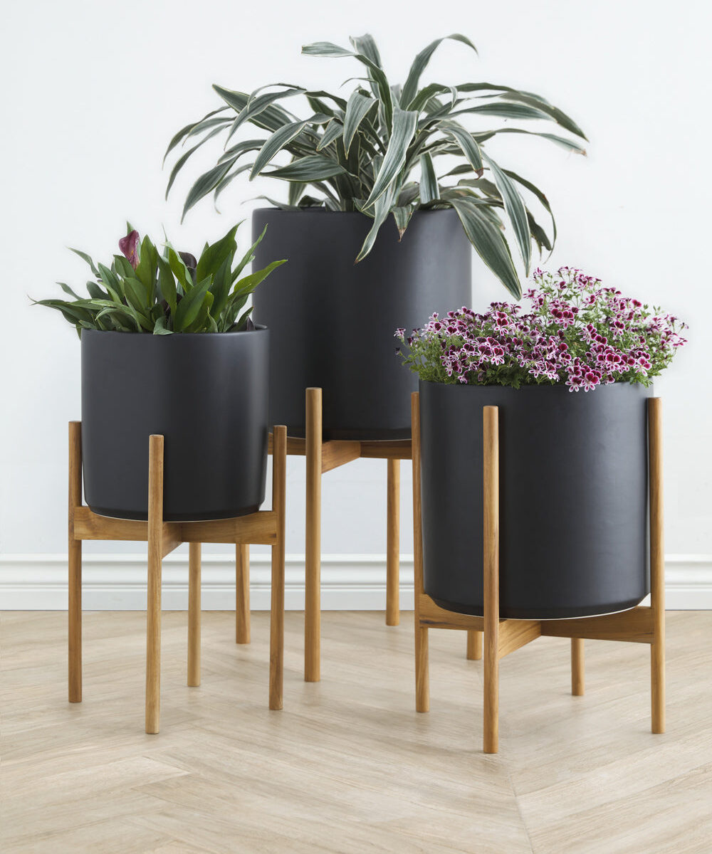 Ceramic Planter Pot + Teak Stand